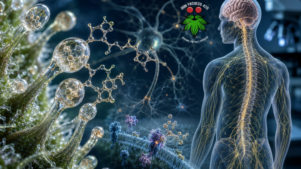 Ilustración científica del cannabidiol (CBD) y su interacción con distintos sistemas biológicos del organismo.