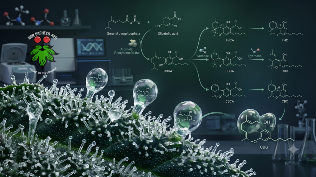 Ilustración científica del cannabigerol (CBG), precursor de otros fitocannabinoides importantes de la planta de cannabis.