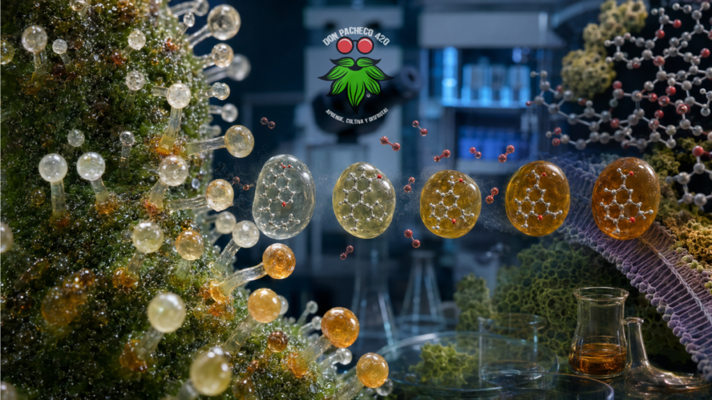 Ilustración científica del cannabinol (CBN), un fitocannabinoide que se forma a partir de la degradación natural del THC.