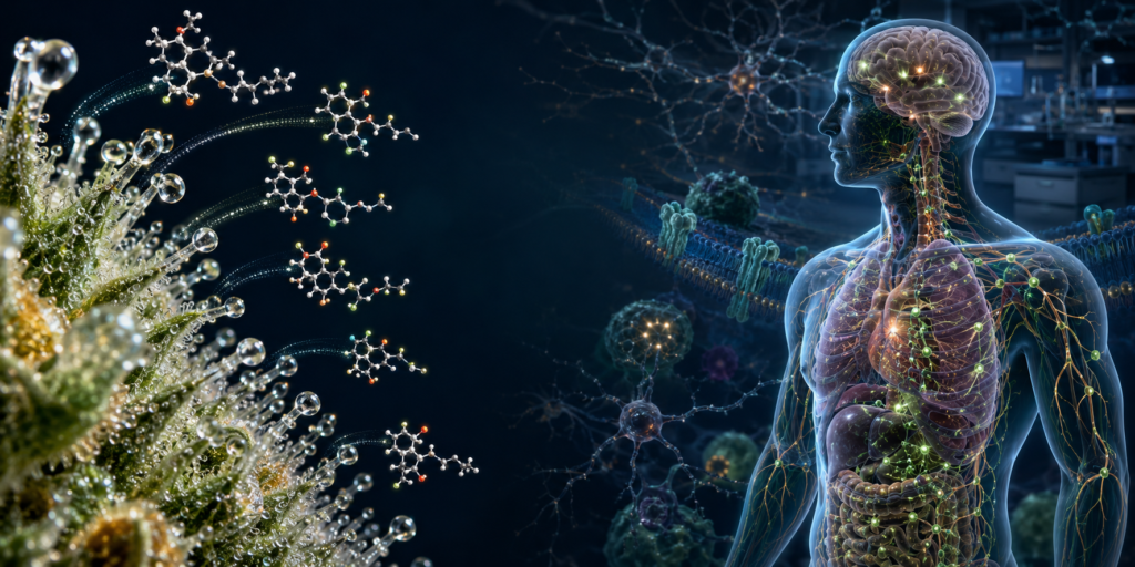 Ilustración científica de fitocannabinoides presentes en la planta de cannabis interactuando con el sistema endocannabinoide humano.