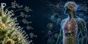 Ilustración científica de fitocannabinoides presentes en la planta de cannabis interactuando con el sistema endocannabinoide humano.