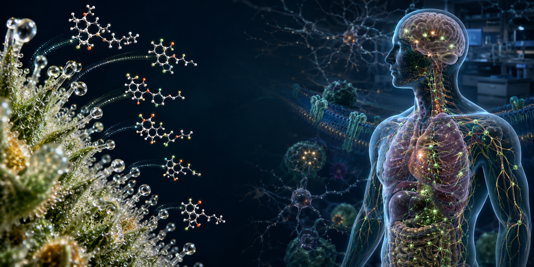 Ilustración científica de fitocannabinoides presentes en la planta de cannabis interactuando con el sistema endocannabinoide humano.