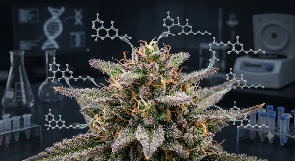 Ilustración científica de los principales fitocannabinoides producidos por la planta de cannabis.