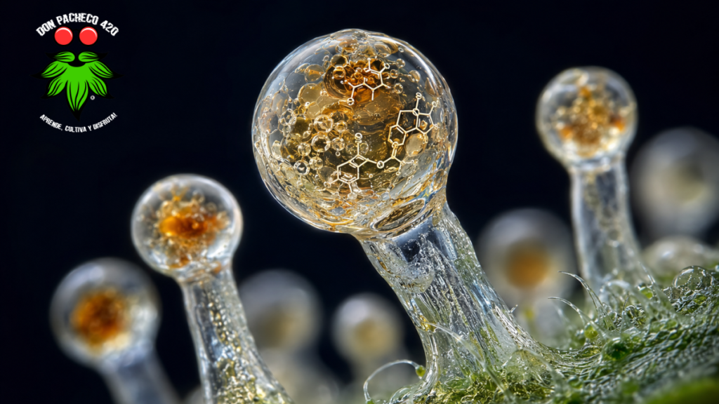 Macrofotografía científica de tricomas de cannabis donde se sintetizan los fitocannabinoides.