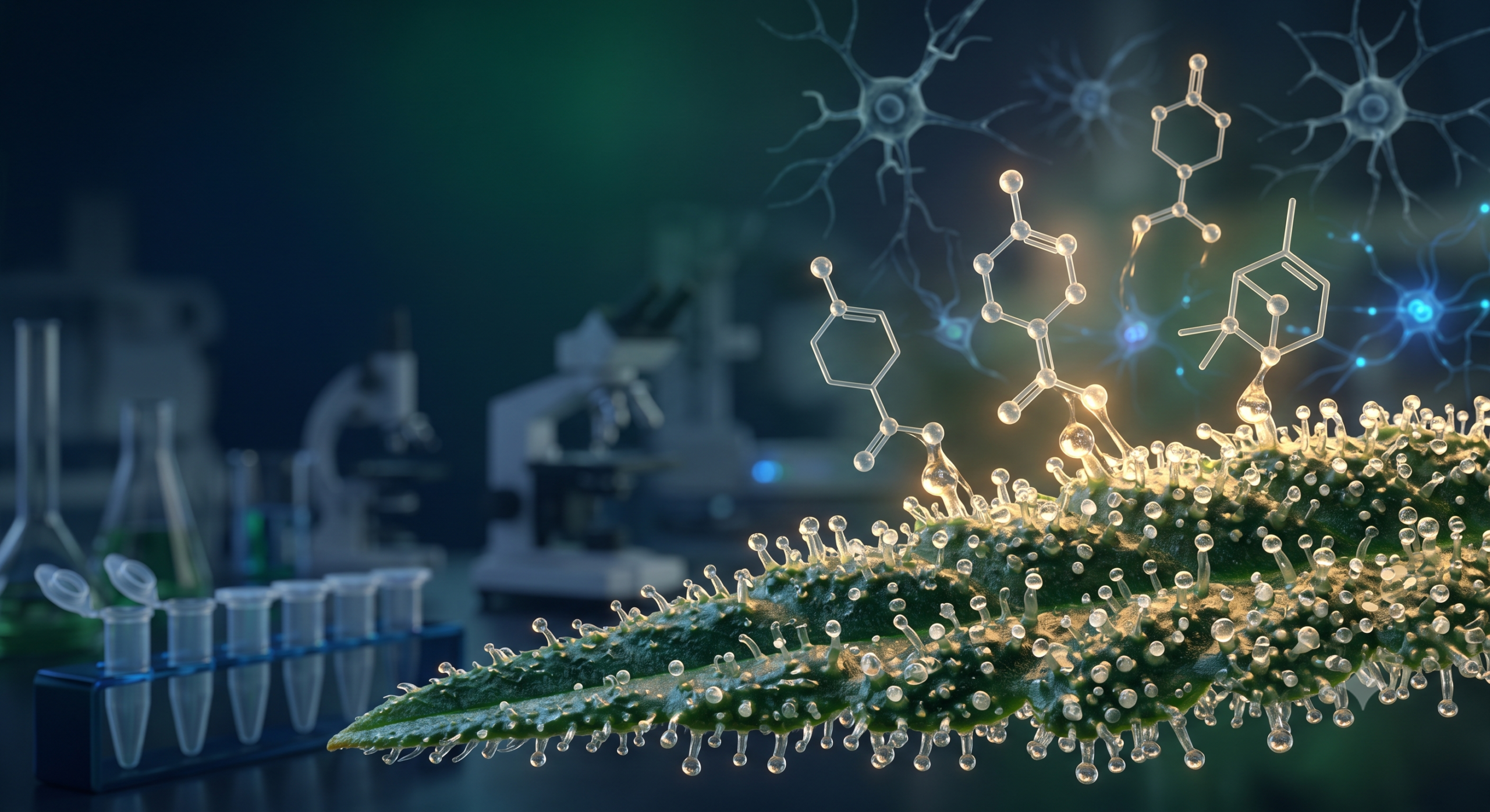 Terpenos del cannabis producidos en tricomas glandulares observados mediante ilustración científica.