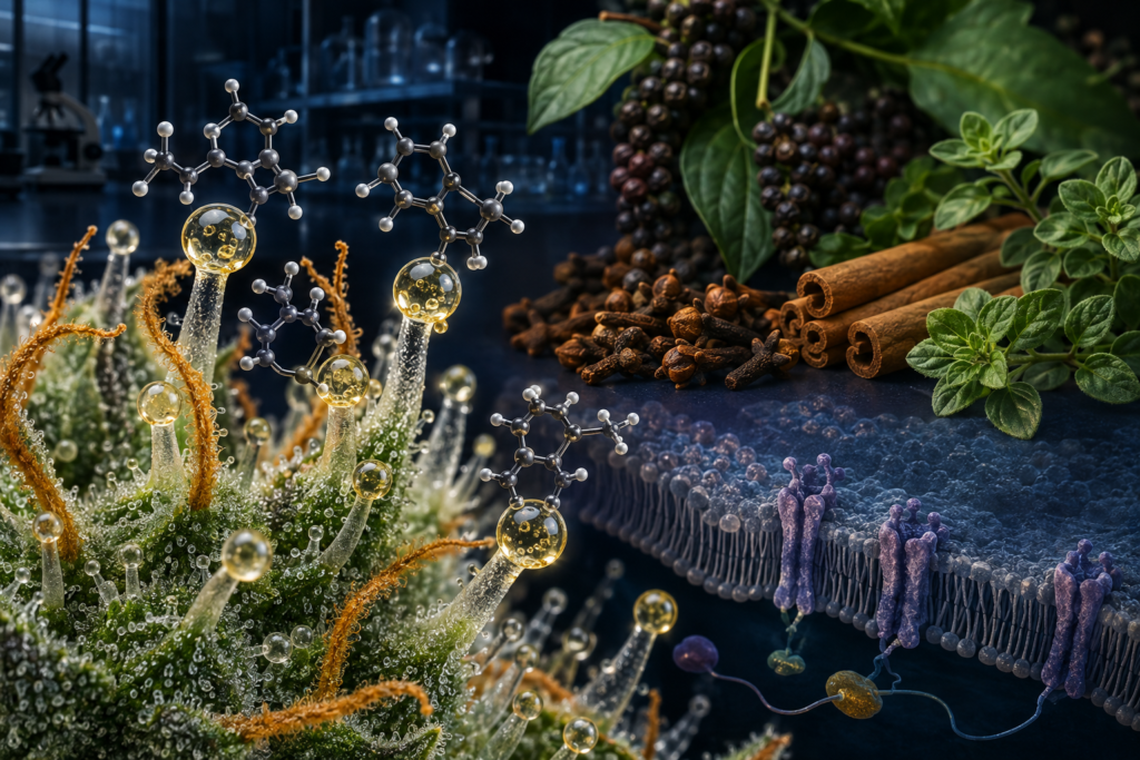 Ilustración científica del beta-cariofileno, un terpeno presente en el cannabis y otras plantas aromáticas que interactúa con el receptor CB2.