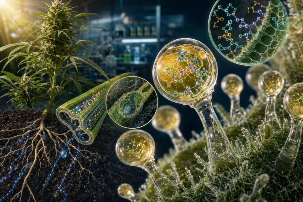 Ilustración científica de la biosíntesis de terpenos dentro de los tricomas glandulares del cannabis.