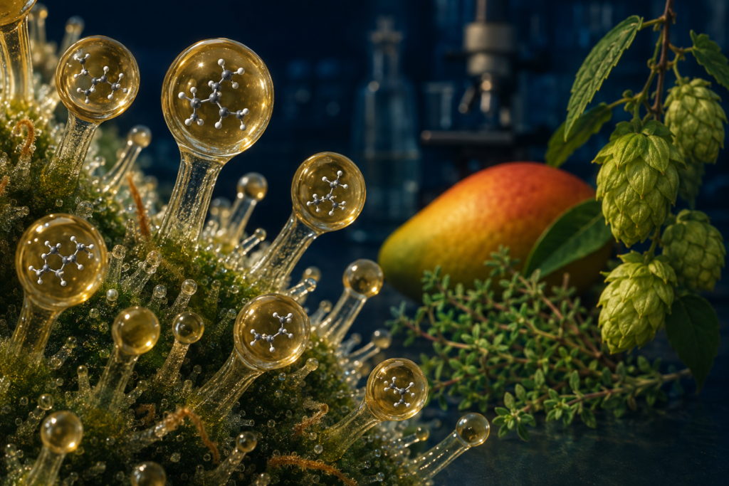 Ilustración científica del mirceno, uno de los principales terpenos presentes en la planta de cannabis.