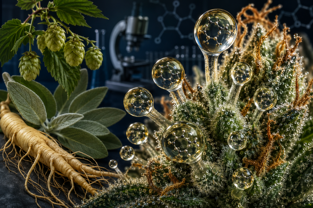 Ilustración científica del ocimeno, un terpeno presente en el cannabis y diversas plantas aromáticas.