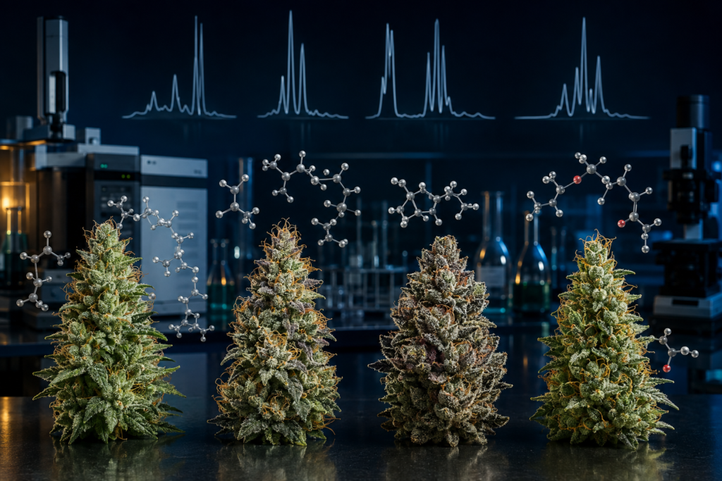 Ilustración científica que representa diferentes perfiles de terpenos en distintas variedades de cannabis.